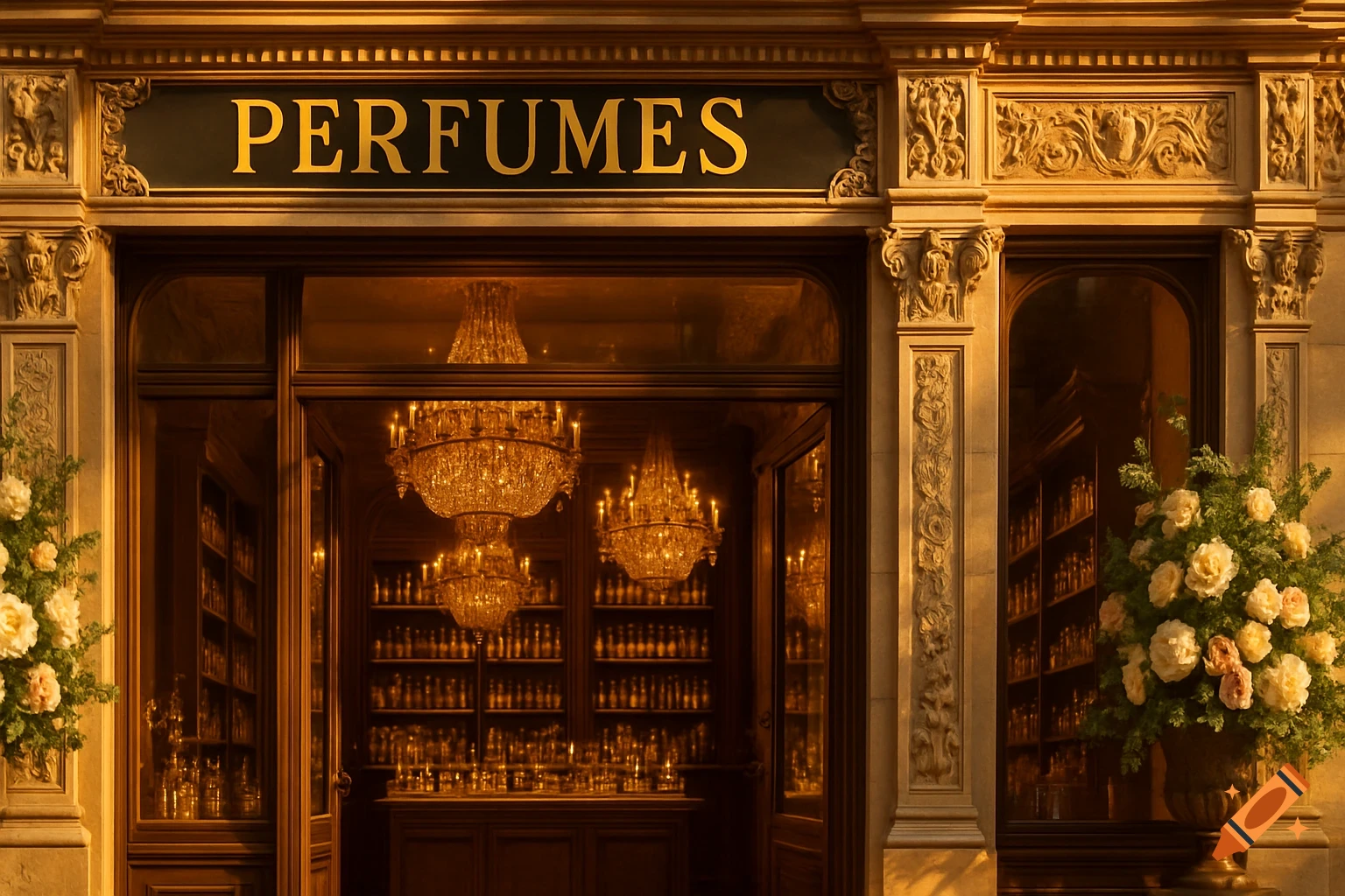 Luxurious perfume shop storefront with a 'PERFUMES' sign, ornate golden architecture, sparkling chandeliers, and white floral arrangements.