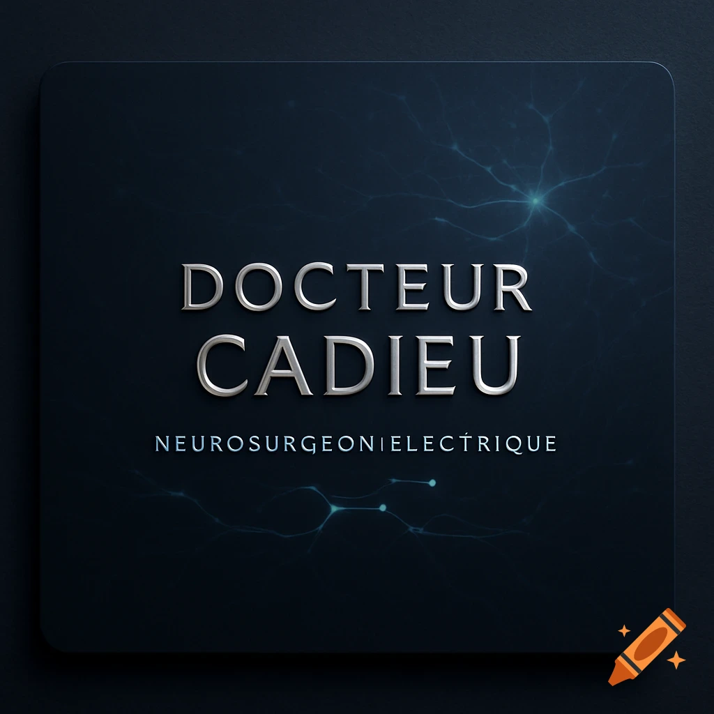 A dark blue business card with rounded corners features the name "DOCTEUR CADIEU" in metallic silver text. Below, "NEUROSURGEONIELECTRIQUE" appears in smaller, lighter silver text, with a background of glowing blue neural network patterns.
