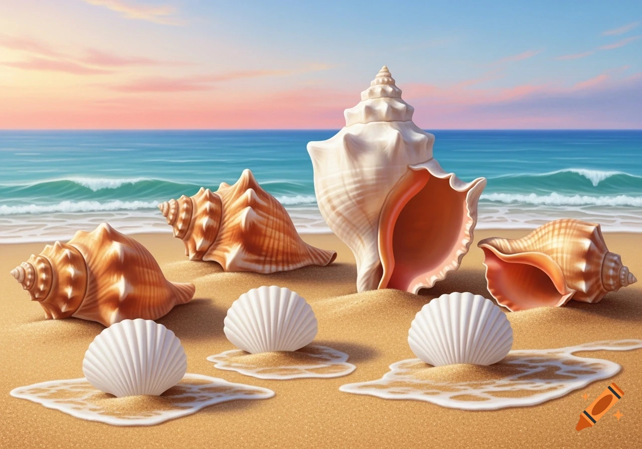Close-up of assorted seashells on a sandy beach with gentle waves, a blue ocean, and a pink and orange sunset sky.