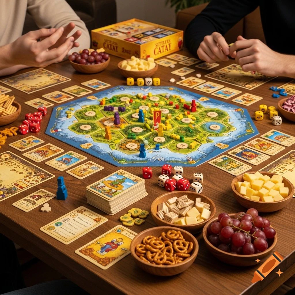 Two people are playing a board game resembling Settlers of Catan on a wooden table, surrounded by snacks like grapes, cheese cubes, and pretzels in wooden bowls.