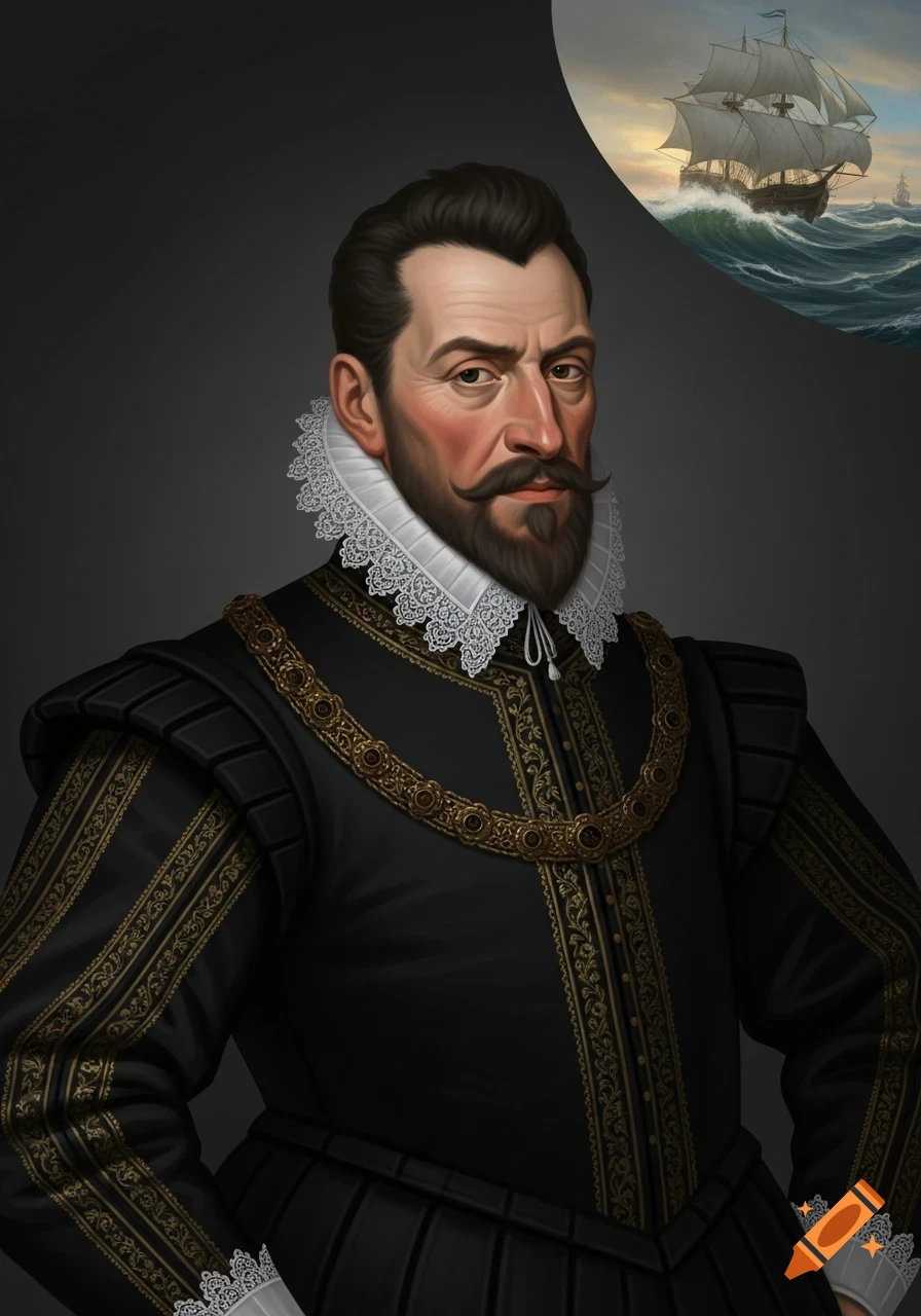 A 16th-century Elizabethan sea captain in black attire and a white ruff. A stormy nautical scene with a ship is in the upper right corner.