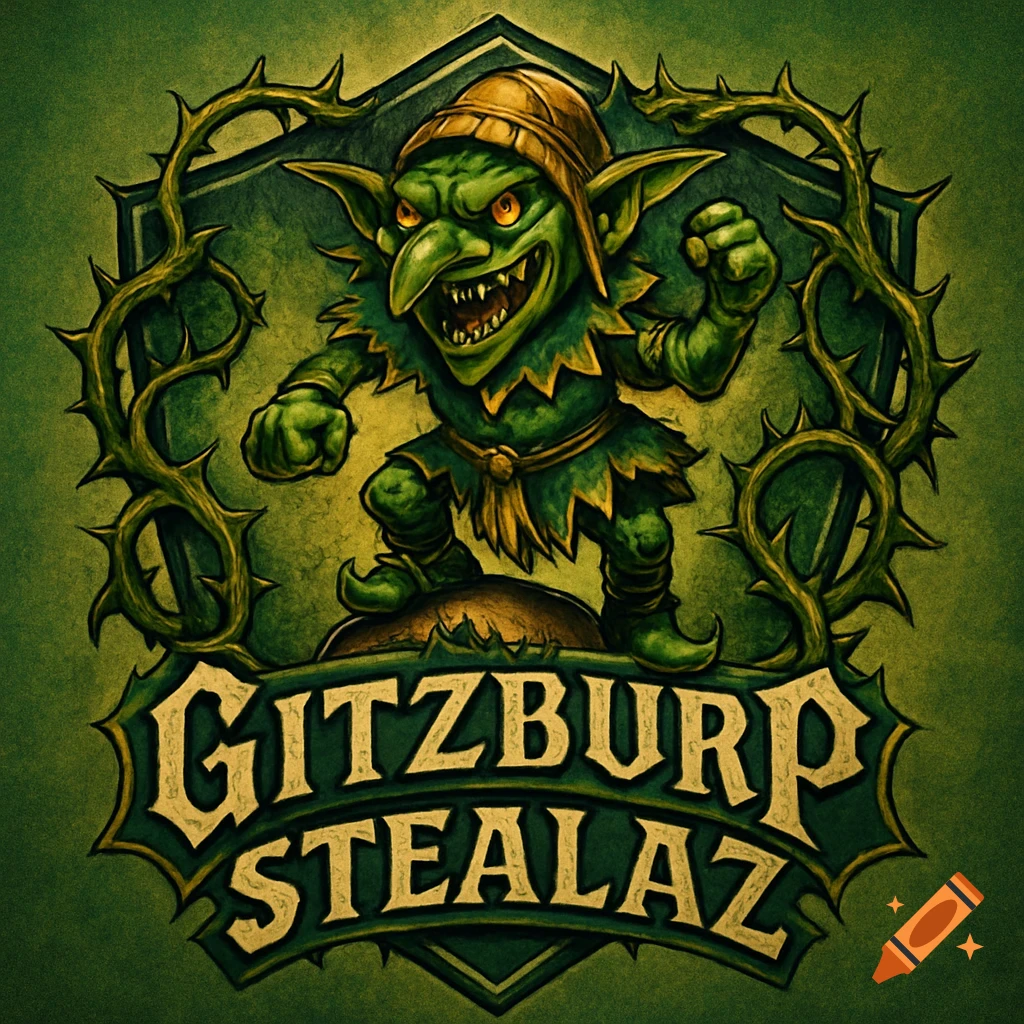 A detailed, cartoony green goblin logo with thorny vines around a shield, featuring the text GITZBURP STEALAZ.