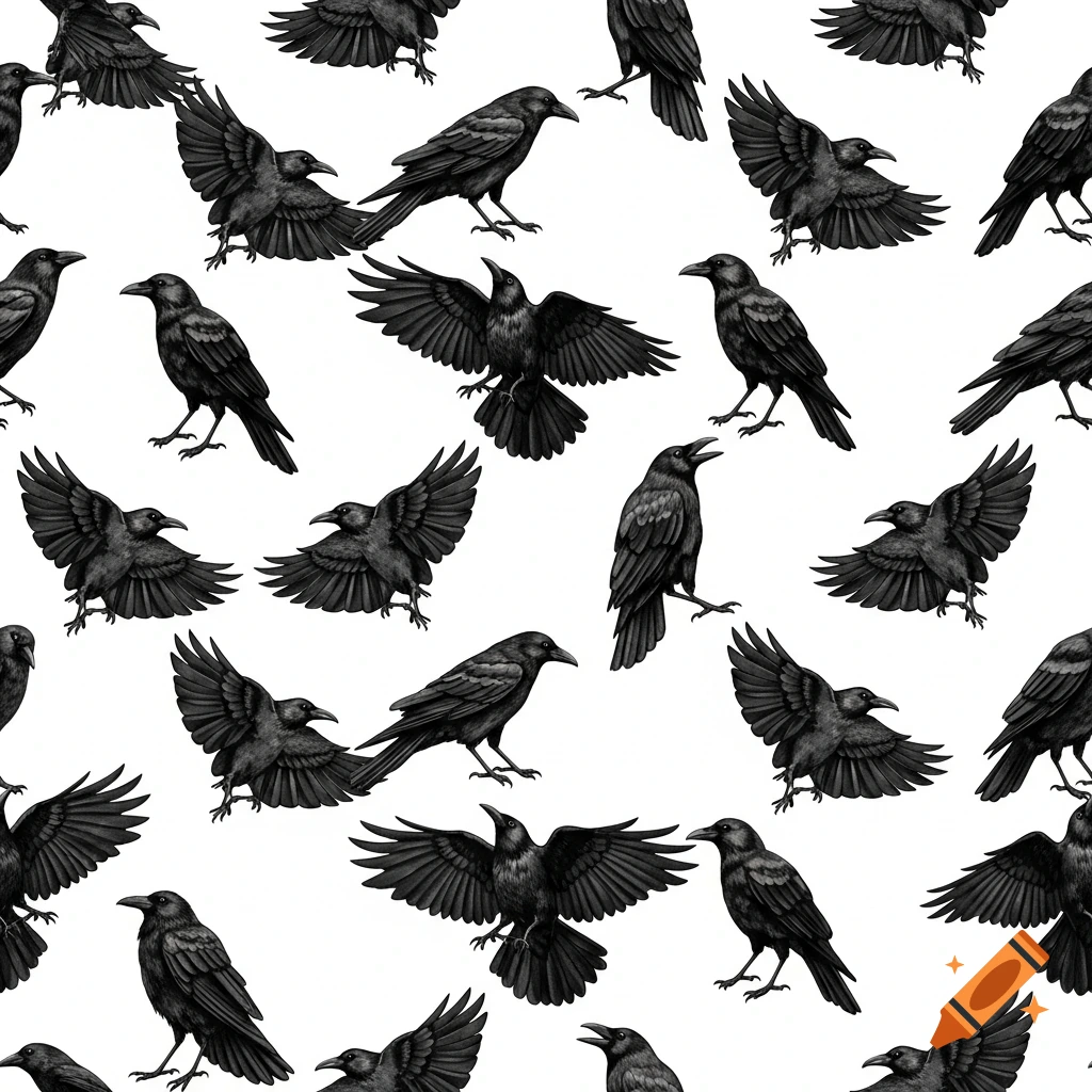 A seamless pattern of black crows in various flight and standing poses against a white background.