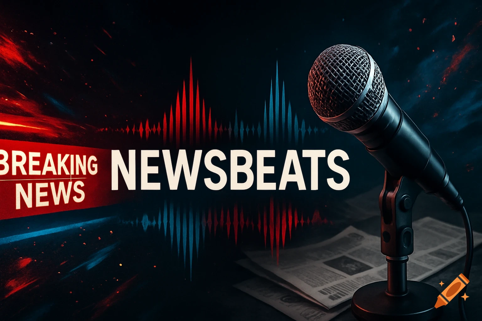 News studio graphic with a microphone, 'BREAKING NEWS' banner, 'NEWSBEATS' title, and red and blue sound waves.