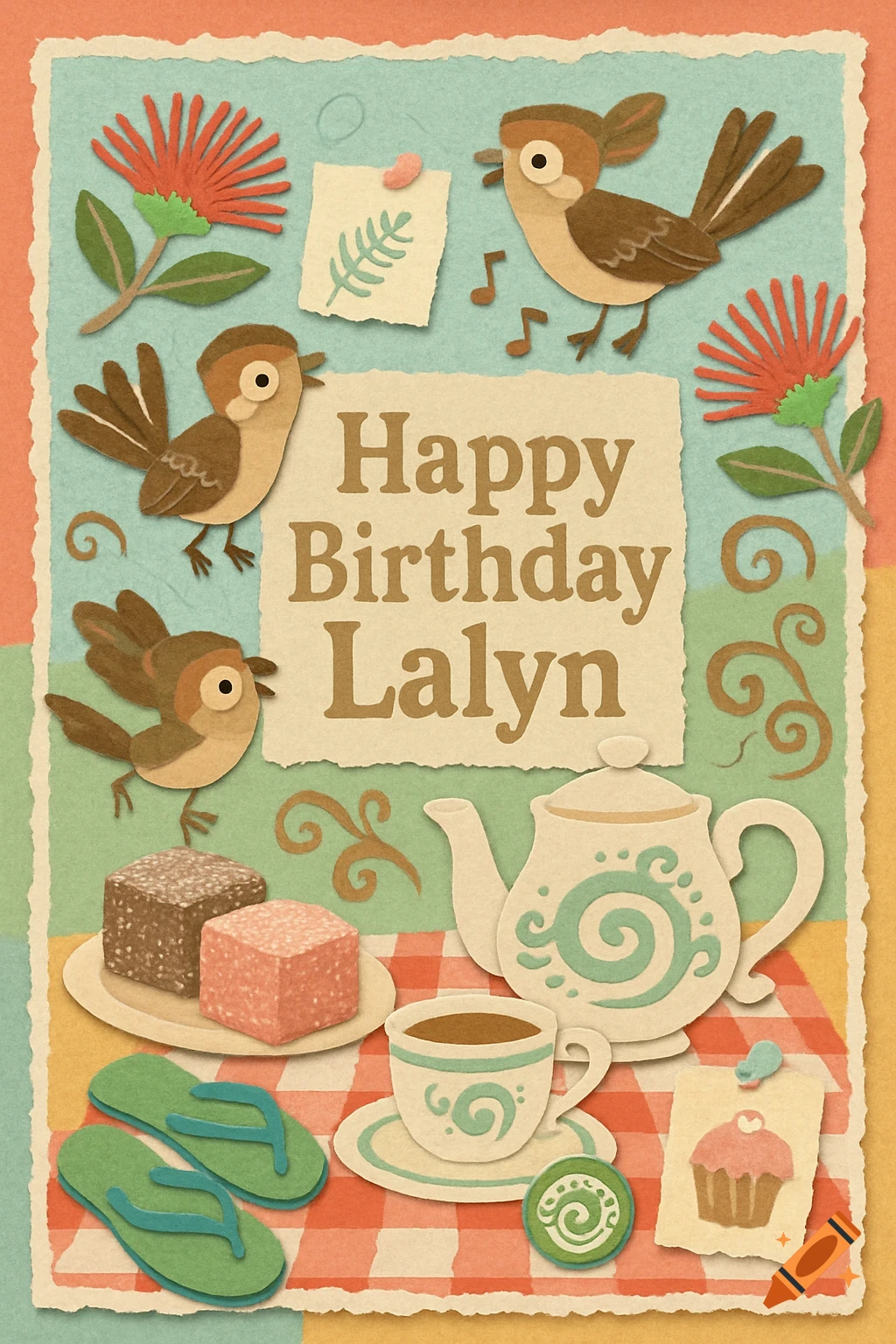 A charming New Zealand-themed papercraft birthday card with 'Happy Birthday Lalyn' text, featuring birds, pōhutukawa flowers, lamingtons, jandals, and a tea set on a gingham cloth.