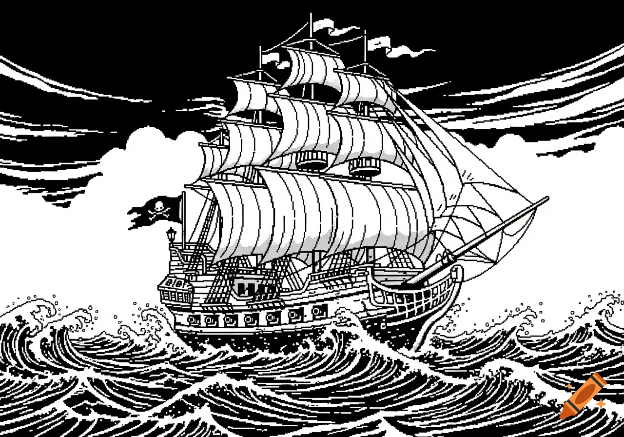 A monochrome 2-bit black and white pixel art rendering of a pirate ship sailing on rough seas under a cloudy sky.