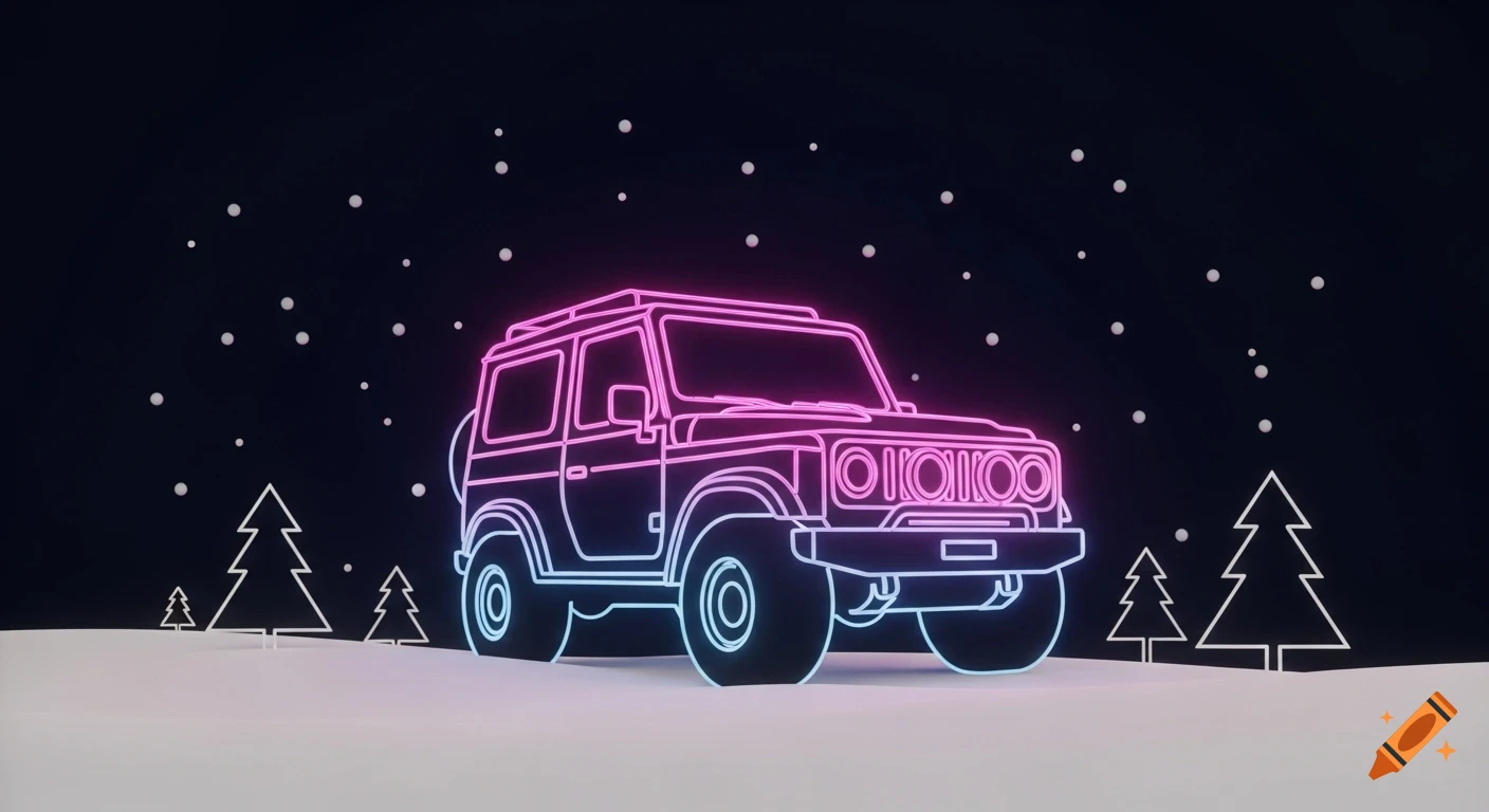 Neon pink and blue line-art 4x4 vehicle on snowy ground with minimalist pine trees and falling snow against a dark background.