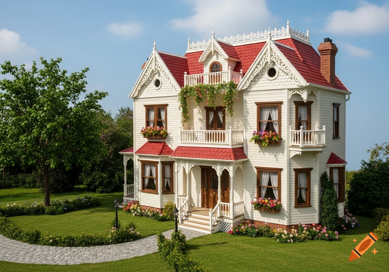 A beautifully detailed white Victorian dollhouse with a red roof, balconies, and flower boxes, set in a lush green garden with a stone path.