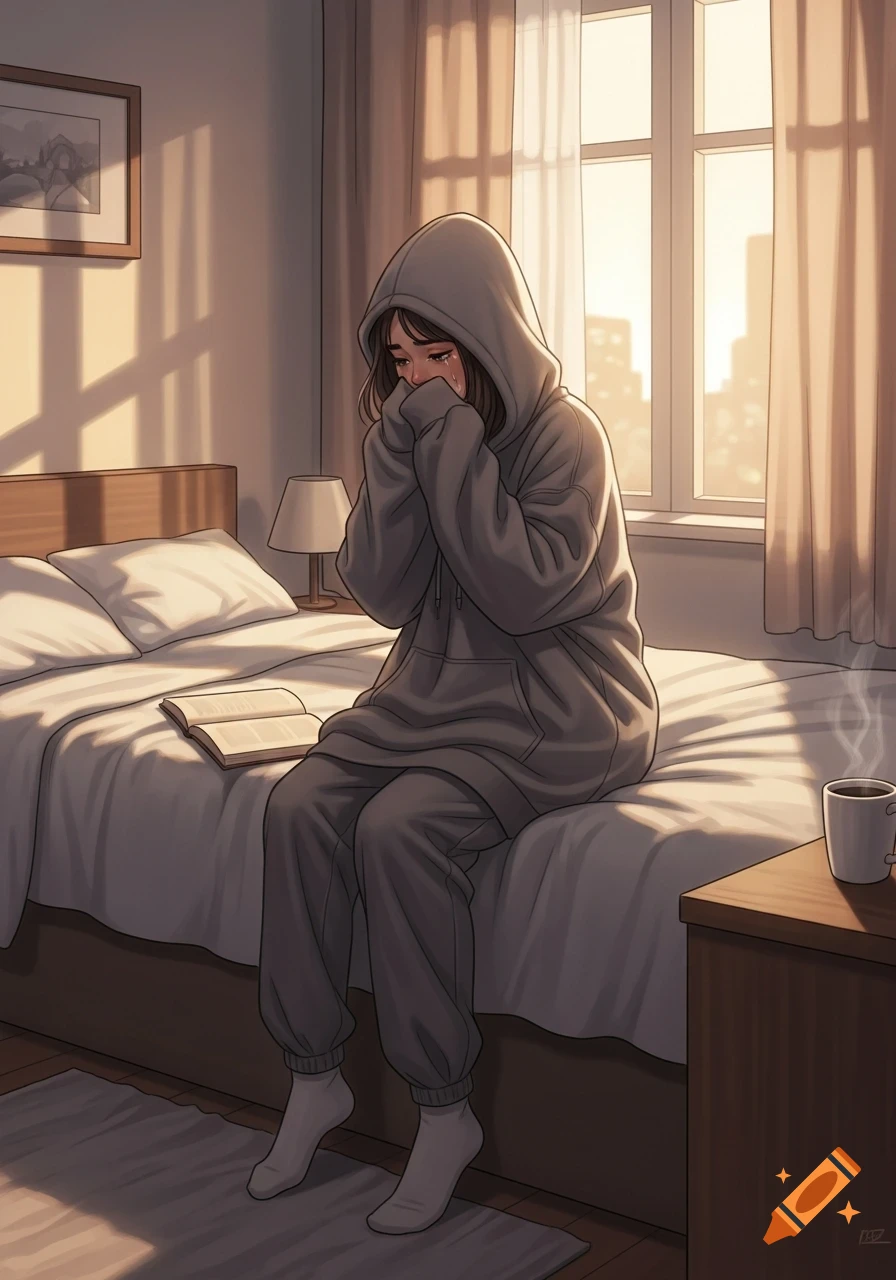 An anime-style illustration of a young woman in a grey hoodie and sweatpants crying while sitting on a bed next to an open book, with sunlight streaming through a window.