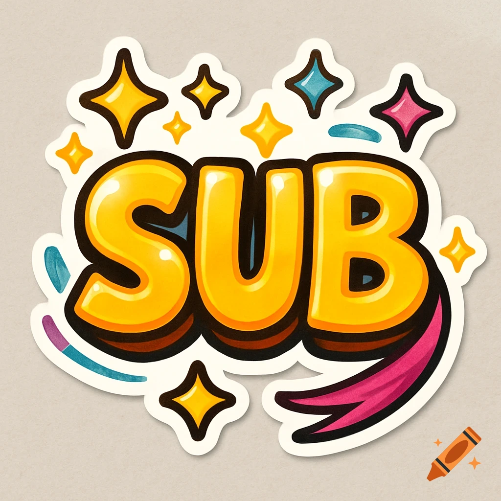 A gold and pink cartoon sticker with the word 'SUB' in bold, shiny yellow letters, surrounded by sparkling stars.