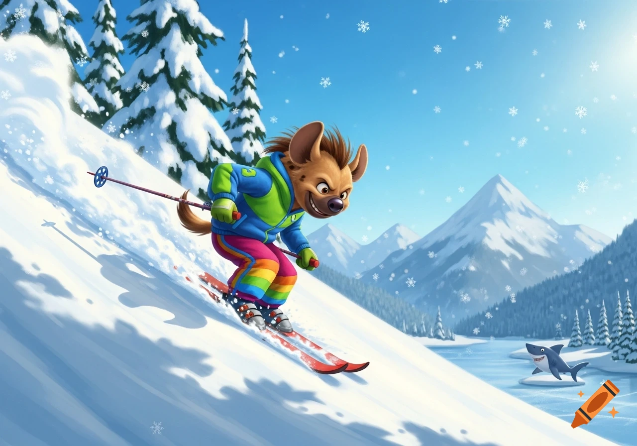 A cheerful cartoon hyena skis down a snowy mountain past a frozen lake with a shark, in an illustrated style.