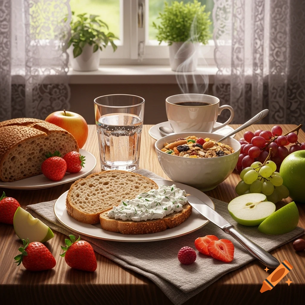 Photorealistic German breakfast with whole grain bread, cream cheese toast, muesli, coffee, water, and fresh fruit on a wooden table.