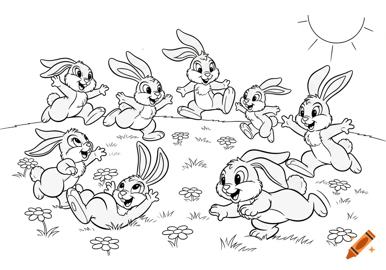 Black and white cartoon bunnies playing in a field with flowers under a sun, line art coloring page.