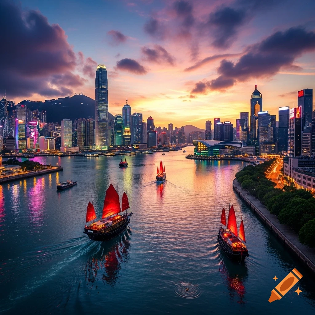 Traditional Chinese junks with red sails navigate a river past a modern city skyline at sunset, with colorful lights reflecting on the water.