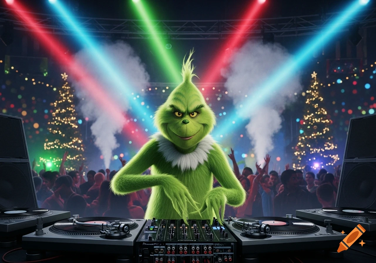 The Grinch smiles, DJing at a vibrant Christmas party with red, green, and blue stage lights illuminating a cheering crowd.