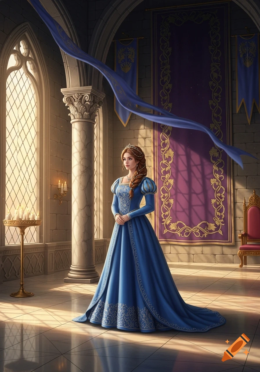 A princess in a blue gown stands in a sunlit castle hall with arched windows and grand banners.