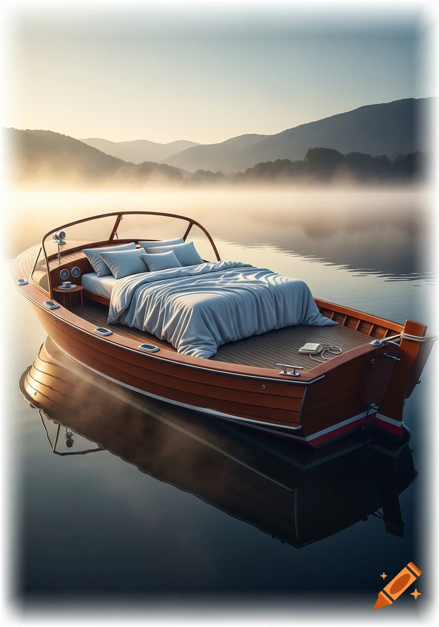 A photorealistic image of a fully made bed floating on a wooden boat in a misty lake surrounded by mountains at sunrise.