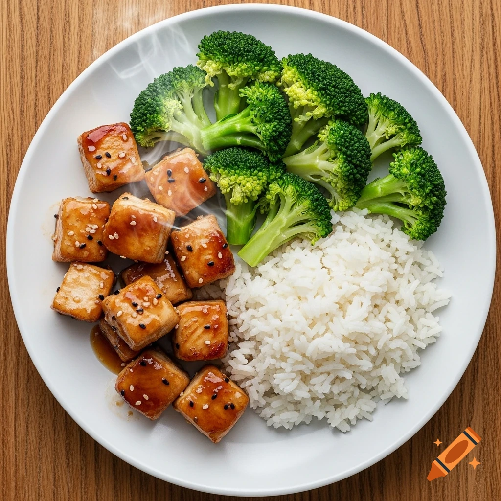 Photorealistic overhead view of a meal with teriyaki glazed cubes, broccoli, and white rice on a white plate on a wooden table.