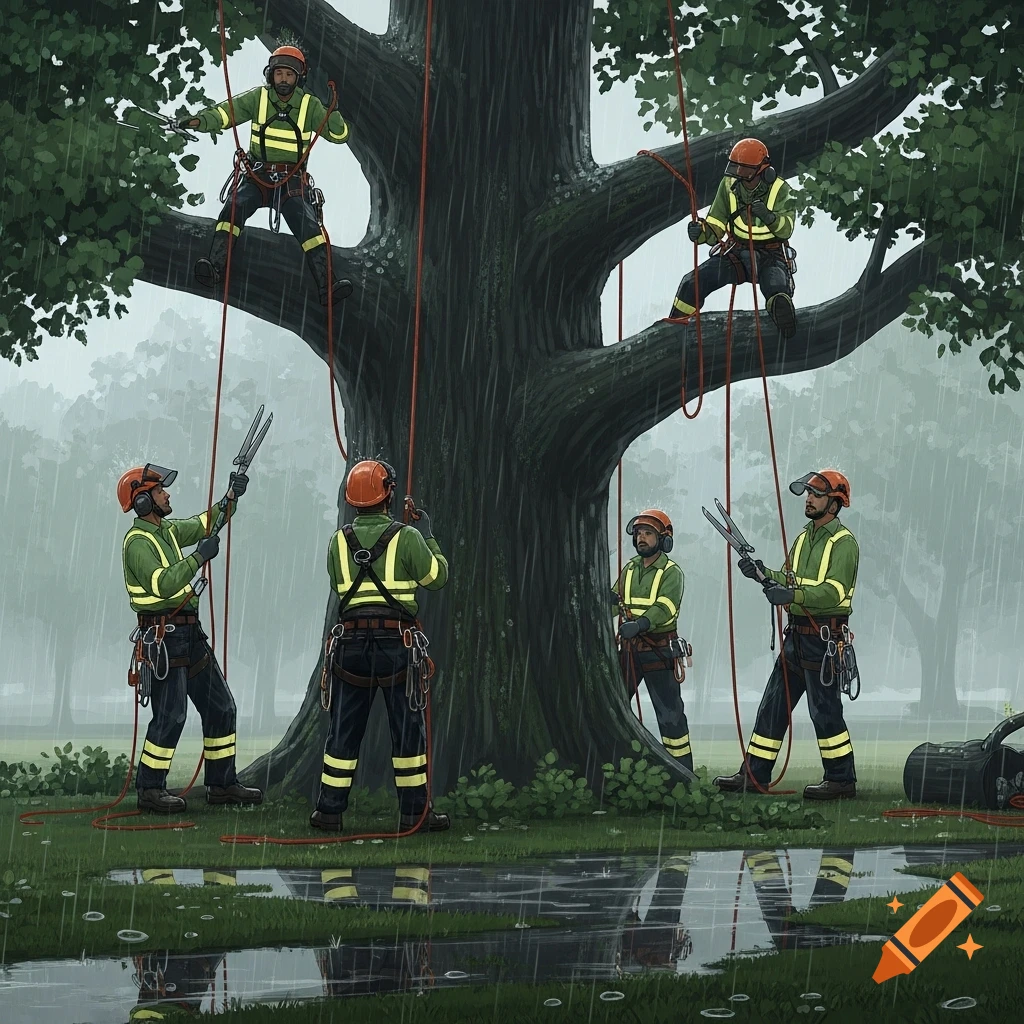 Several uniformed arborists in safety gear and helmets work on and around a large tree in the rain, with puddles on the grass.
