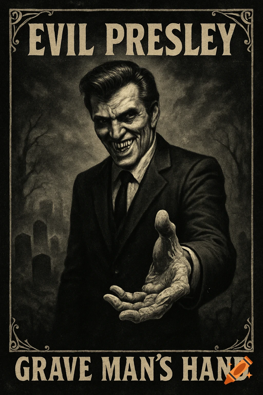 Vintage horror poster of a ghoulish man in a suit with fangs, smiling sinisterly and reaching out, against a graveyard. Text 'EVIL PRESLEY' and 'GRAVE MAN'S HAND'.