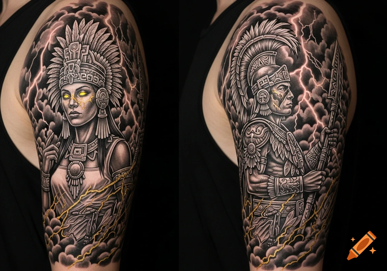 Detailed tattoo on an arm depicting an Aztec goddess with glowing eyes and a warrior, surrounded by clouds and lightning.