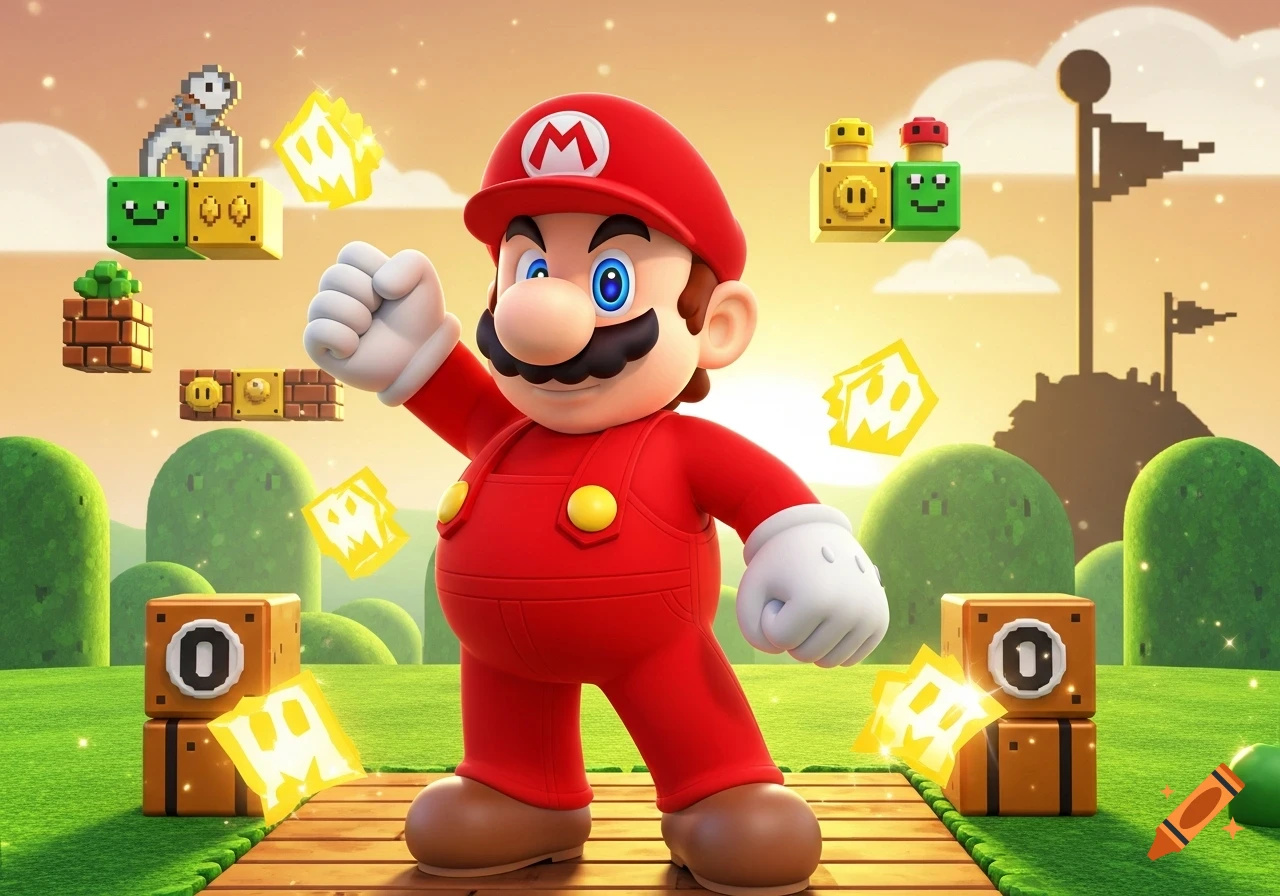 Mario in a red cap and overalls, punching the air in a vibrant Super Mario Bros. themed landscape with question blocks and coins.