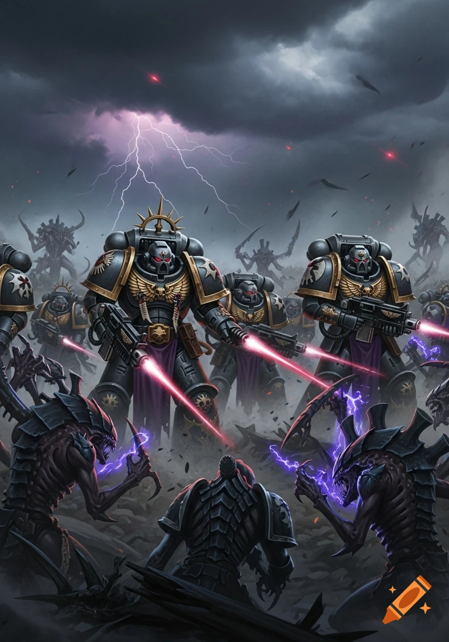 Armored Space Marines battle monstrous alien Tyranids with laser weapons under a stormy, lightning-filled sky.