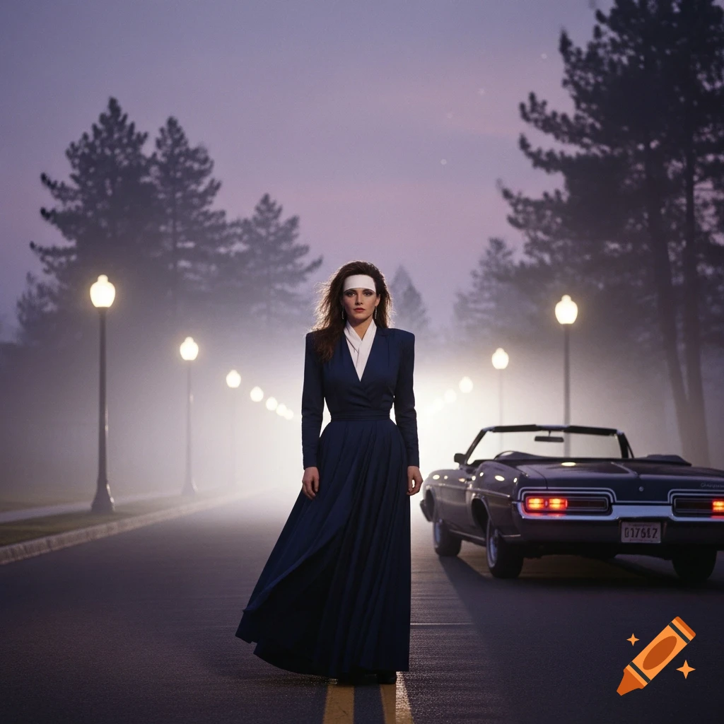 A woman in a dark dress stands on a foggy road at dusk, with streetlights and a vintage convertible car behind her.