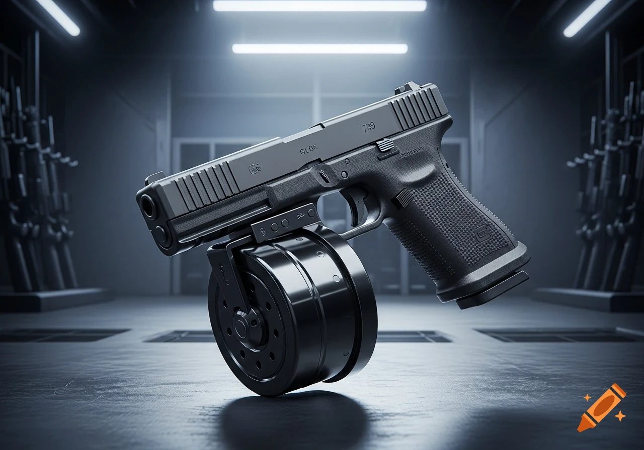 Photorealistic black handgun with a large drum magazine in a dark, futuristic armory setting.