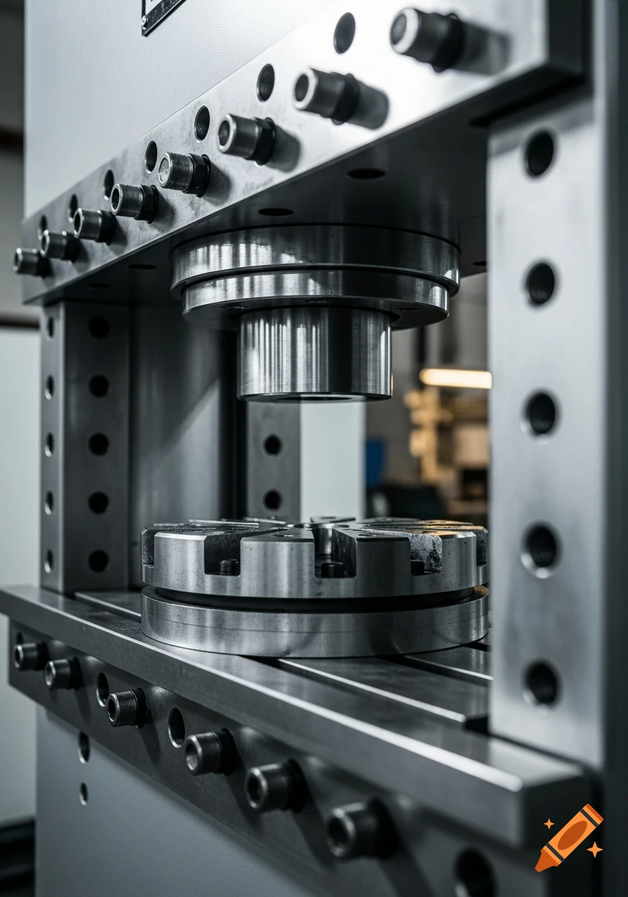 Close-up photorealistic view of a metallic hydraulic press in a factory setting.