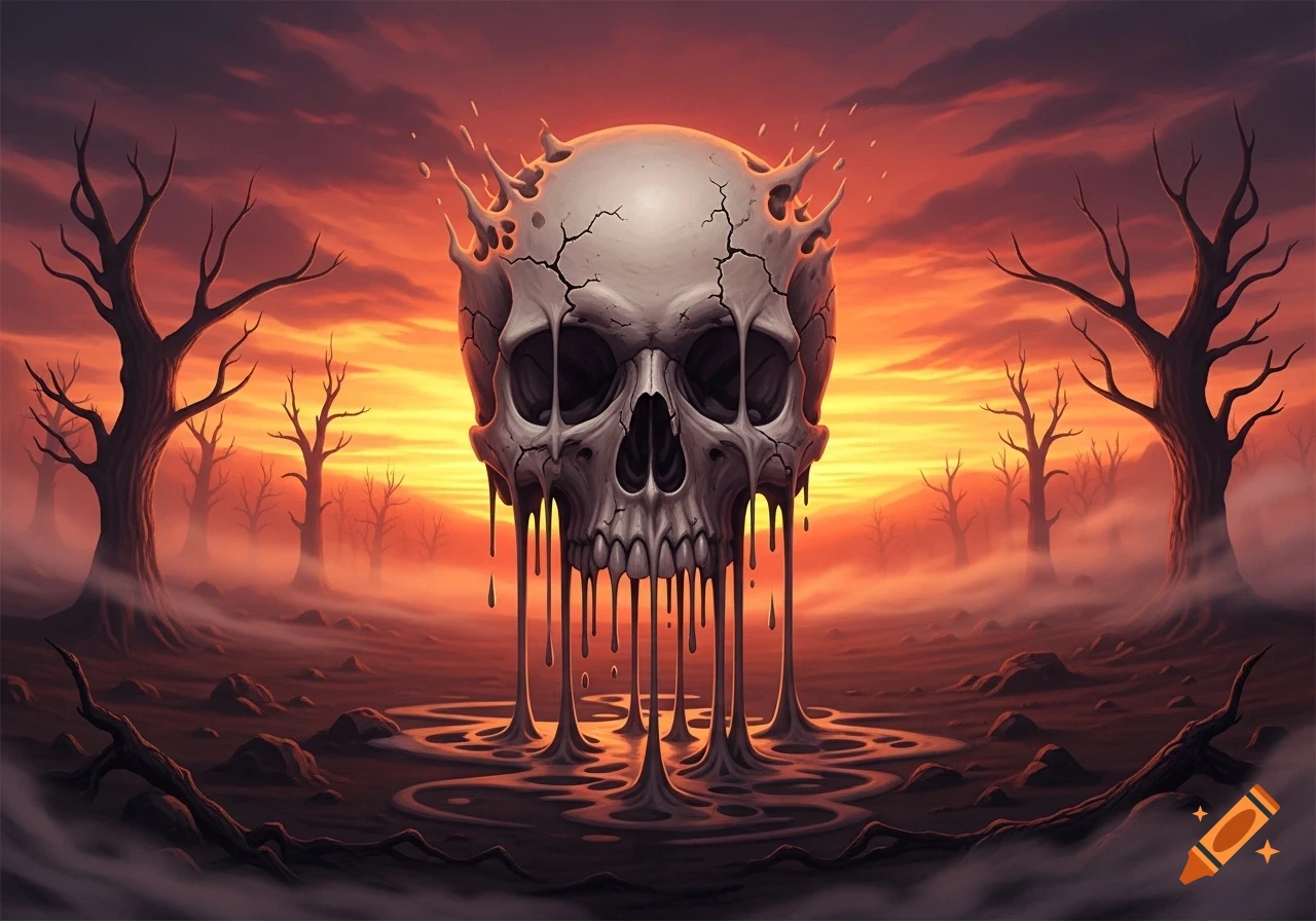 A stylized melting skull drips dark goo onto cracked ground in a desolate landscape with bare trees under a fiery sunset.
