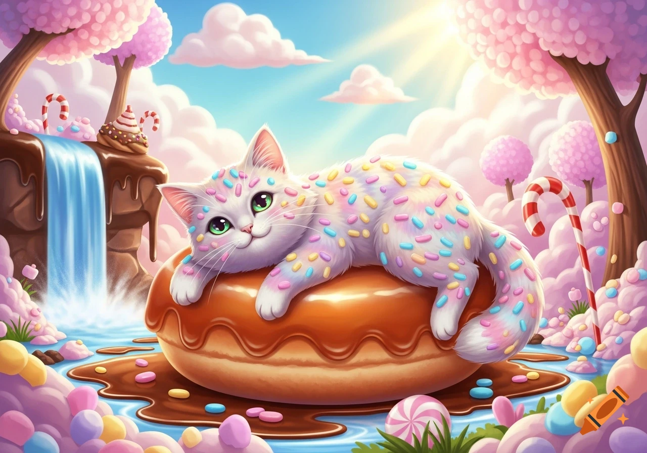 A cute white cat covered in colorful sprinkles lounges on a giant donut in a whimsical candy land with chocolate waterfalls and pink trees.