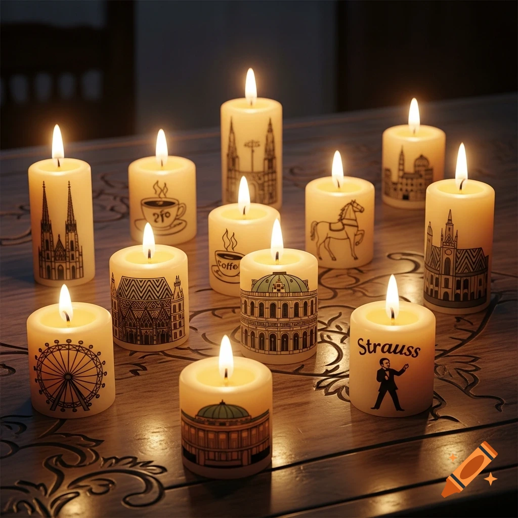 A collection of illuminated beeswax pillar candles decorated with black 2D illustrations of Viennese landmarks and cultural symbols on a wooden table.