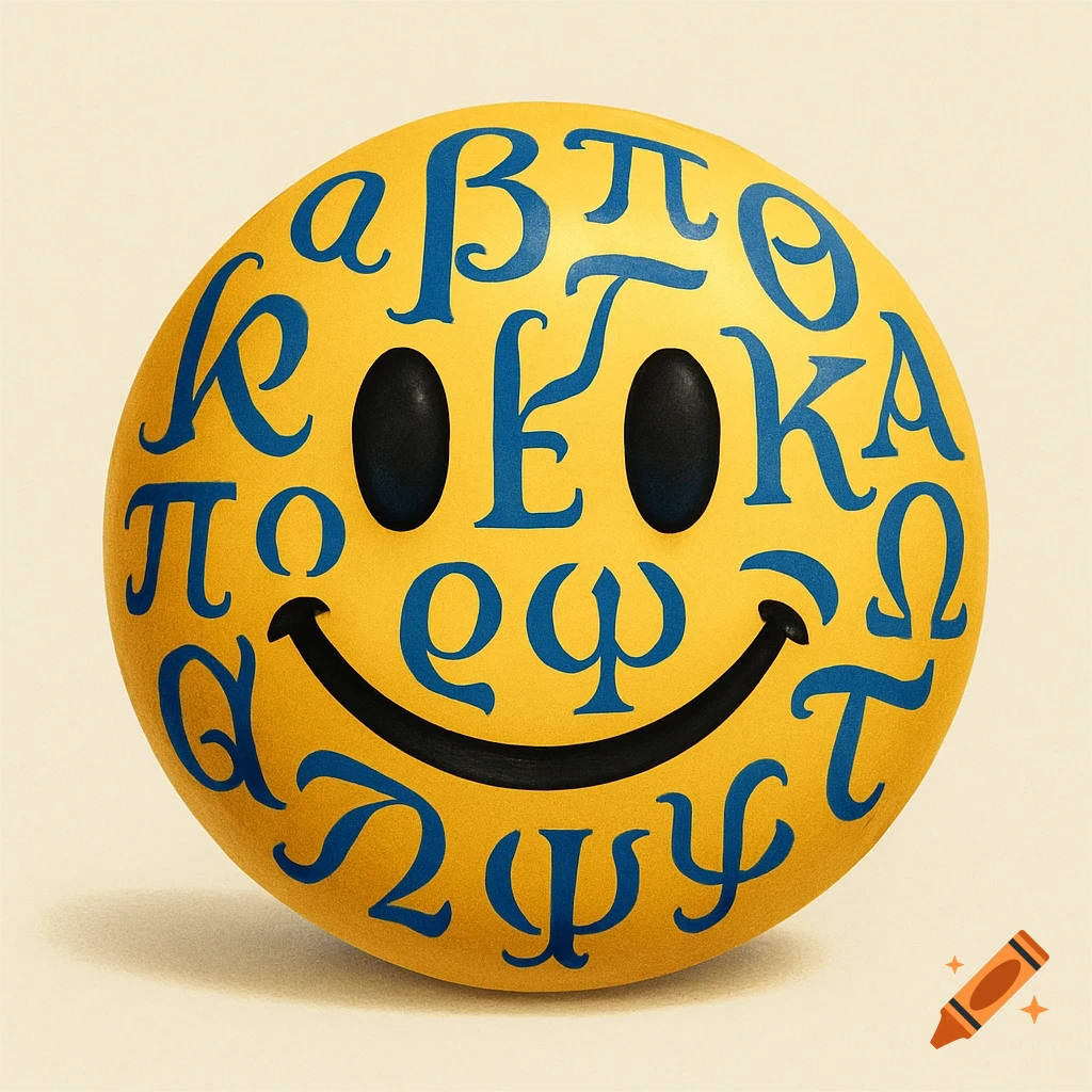 Yellow smiley face emoji covered in blue Greek letters on a light background.