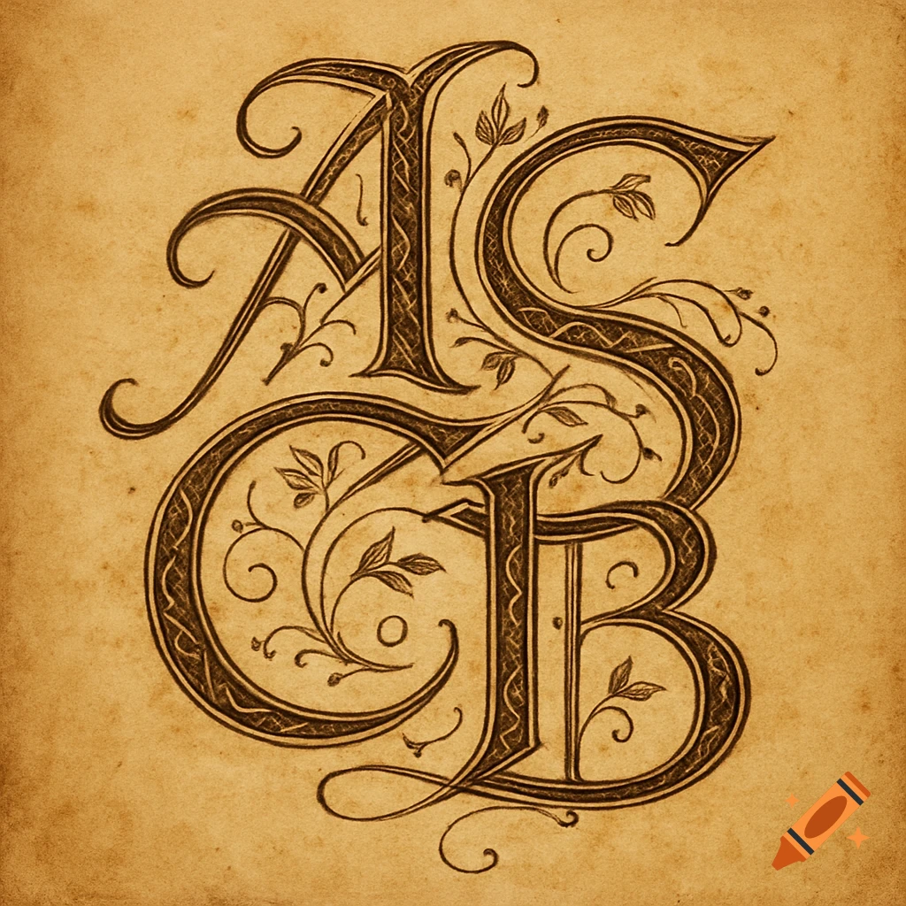 Ornate, intertwined calligraphic letters A S C B in black ink on aged parchment, reminiscent of a historical signature.