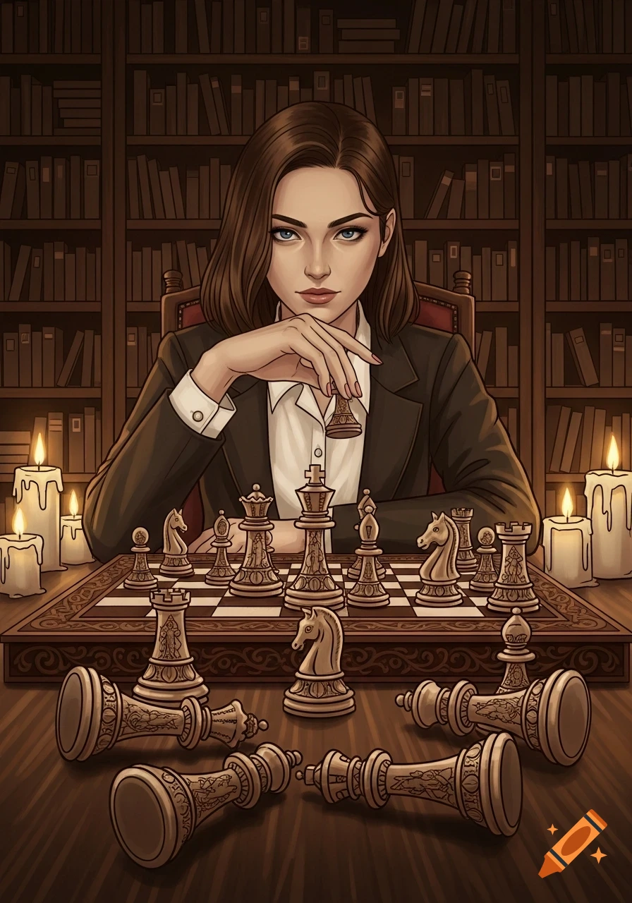 An illustration of a woman at a chessboard, holding a pawn, in a library with lit candles.