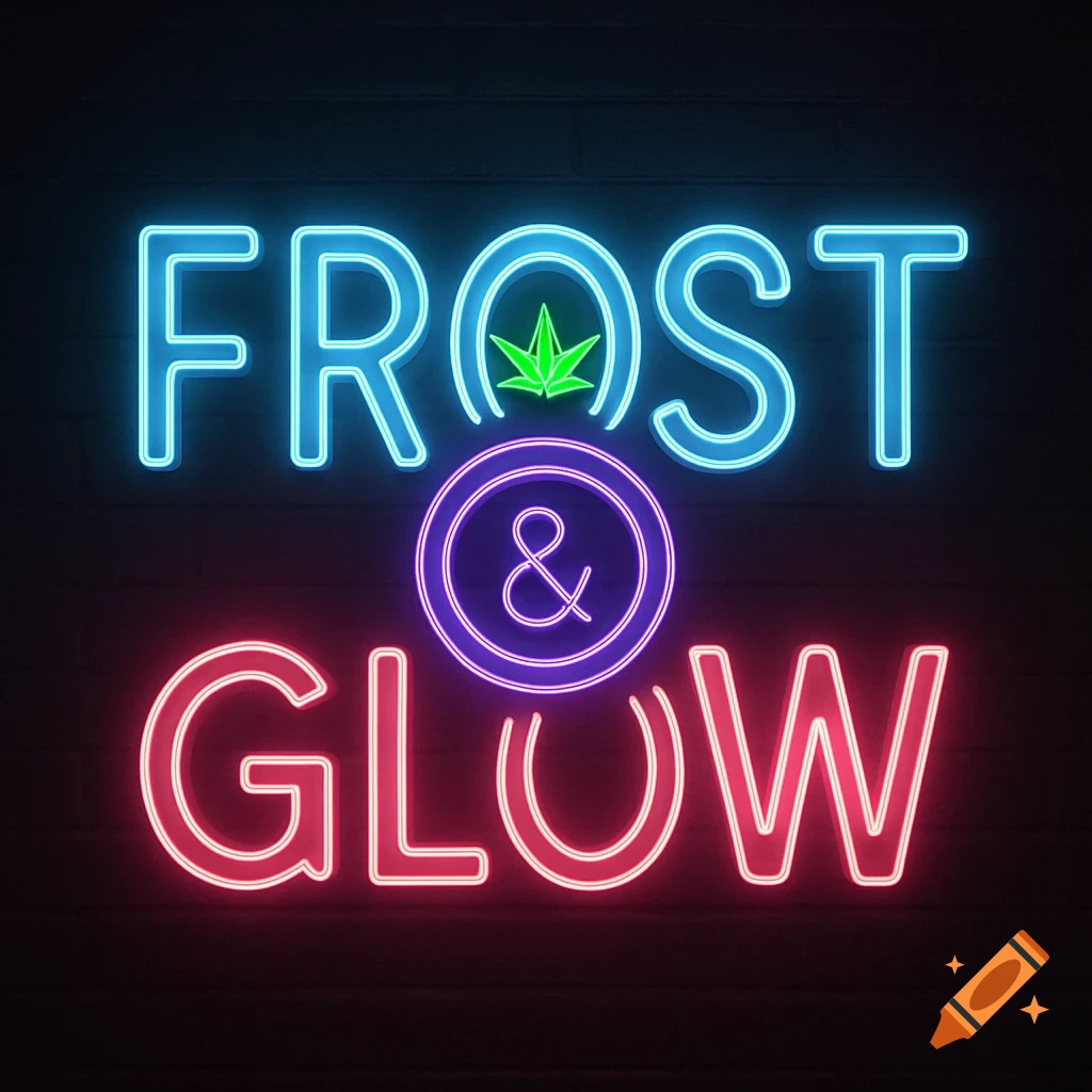 Neon sign logo for 'Frost & Glow' with blue 'FROST', pink 'GLOW', purple '&' in circles, and a green cannabis leaf in the 'O'.