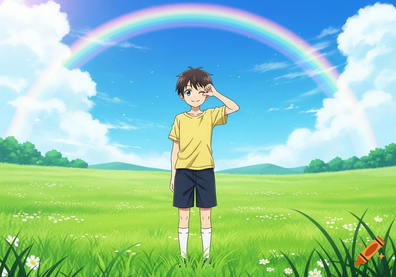 An anime boy winks and smiles in a vibrant green field under a clear blue sky with a rainbow.