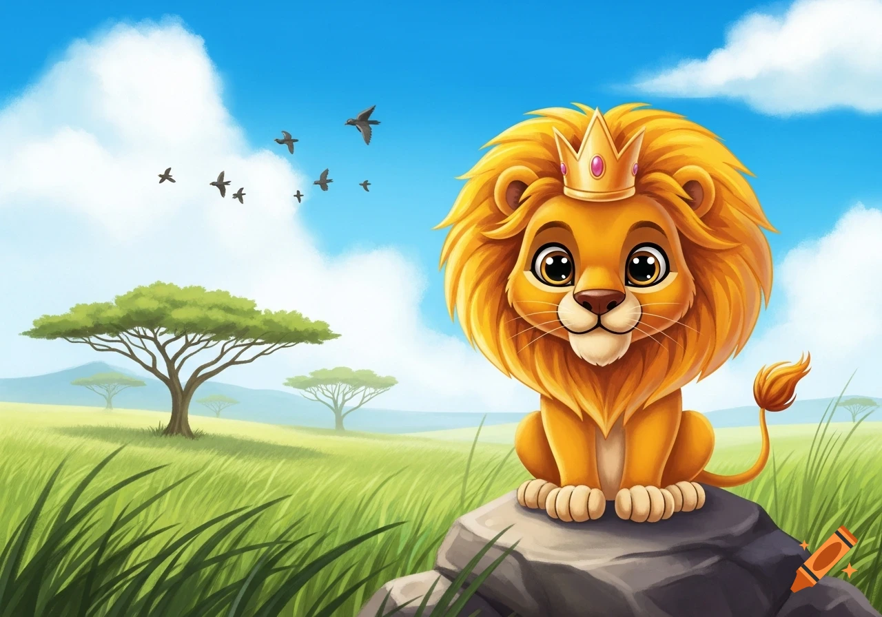 A cute cartoon lion with a golden crown sits on a rock in a sunny savanna, with acacia trees and birds flying in the background.