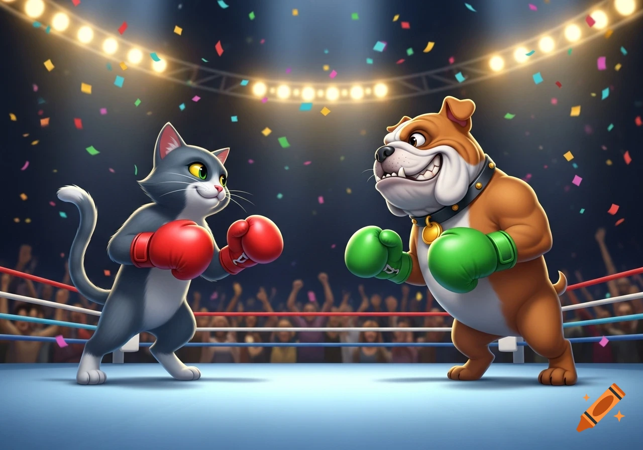 A cartoon cat with red boxing gloves and a cartoon bulldog with green boxing gloves face off in a brightly lit boxing ring with confetti falling.