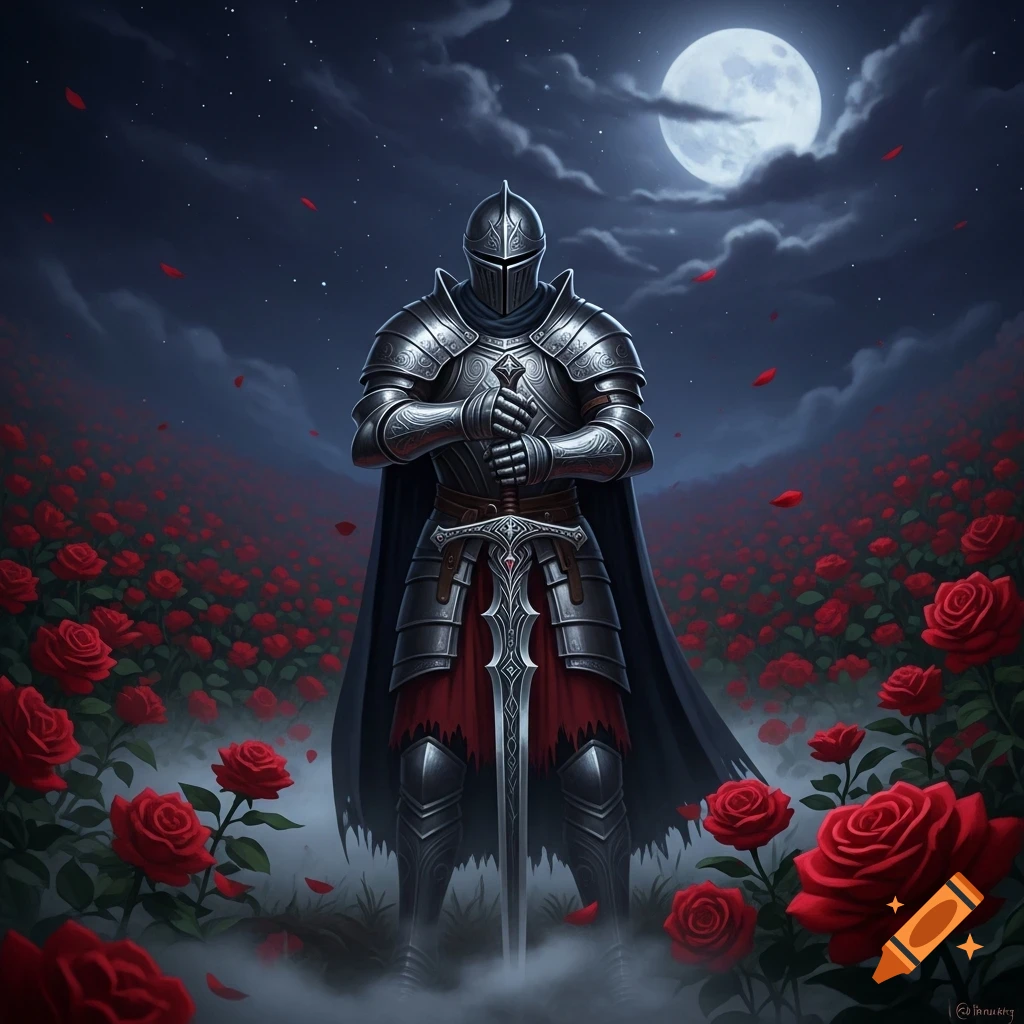 A knight in full plate armor stands holding a sword in a field of red roses under a full moonlit, cloudy night sky, dark fantasy style.