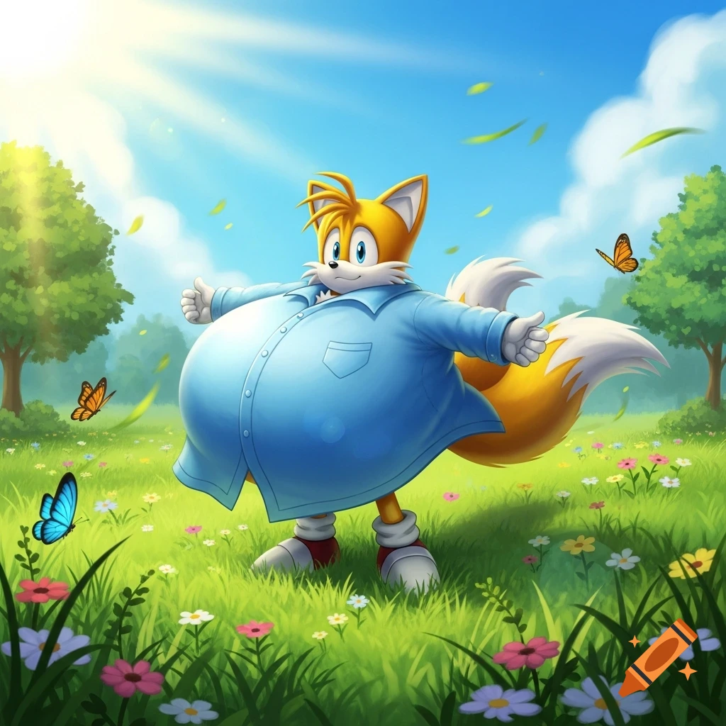 A cartoon character, Tails from Sonic, wearing a blue shirt, stands inflated in a vibrant green meadow with colorful flowers and butterflies.