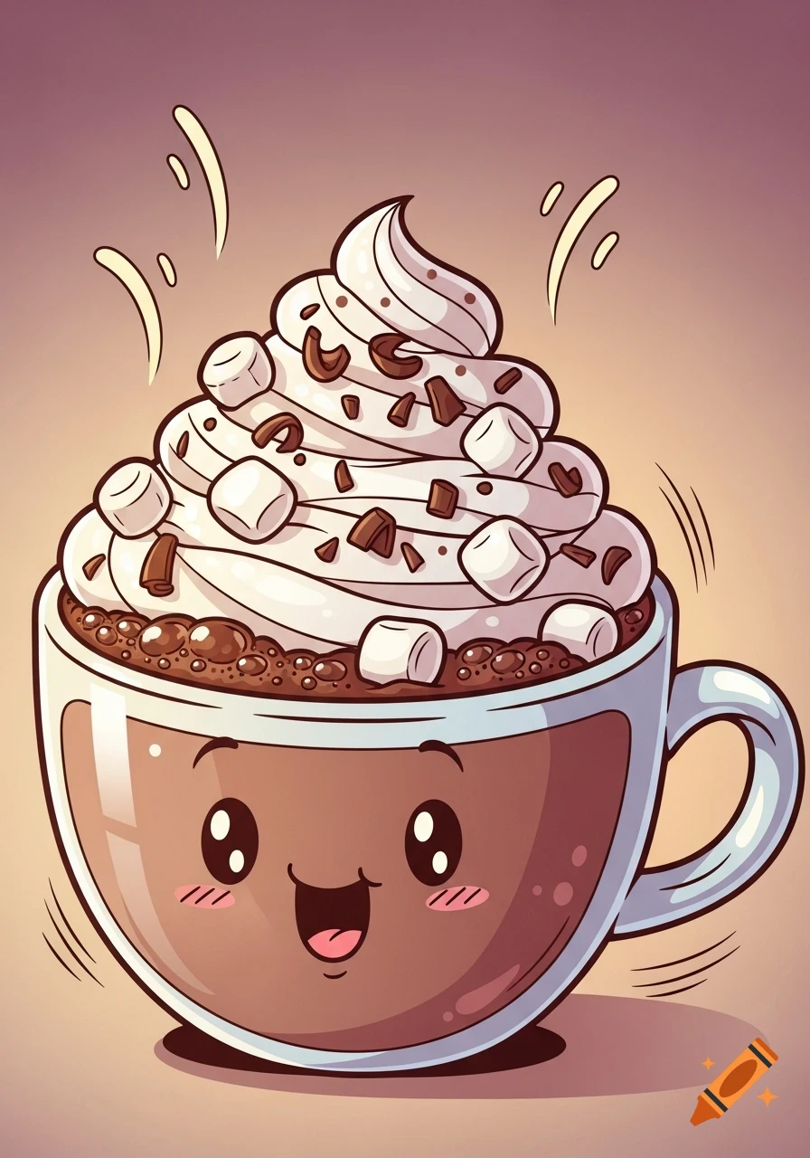 A cartoon hot chocolate mug with a happy face, topped with whipped cream, mini marshmallows, and chocolate sprinkles.