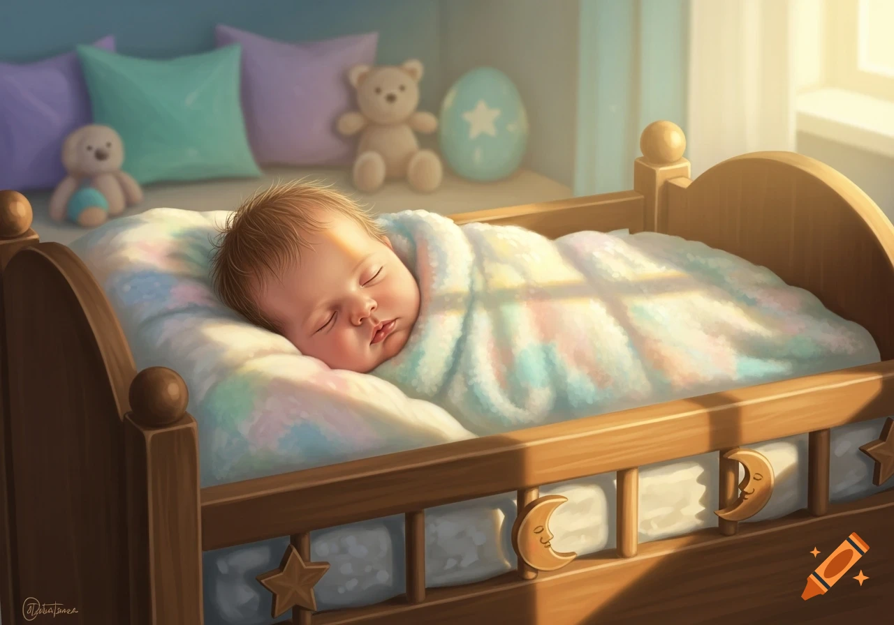 A cute baby sleeps soundly in a wooden crib with a colorful blanket, bathed in warm sunlight, digital art.