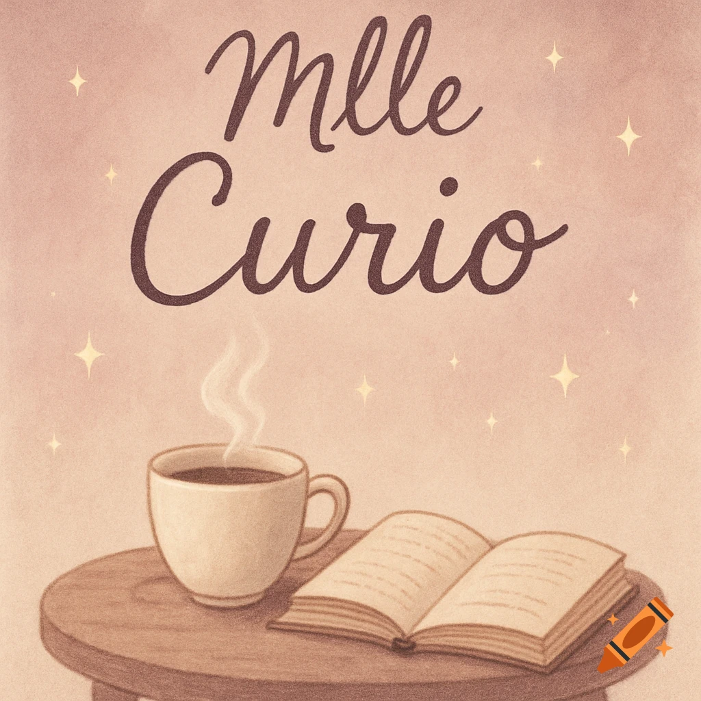 Digital illustration with 'Mlle Curio' text, a steaming coffee cup, an open book on a wooden table, and stars on a pastel background.