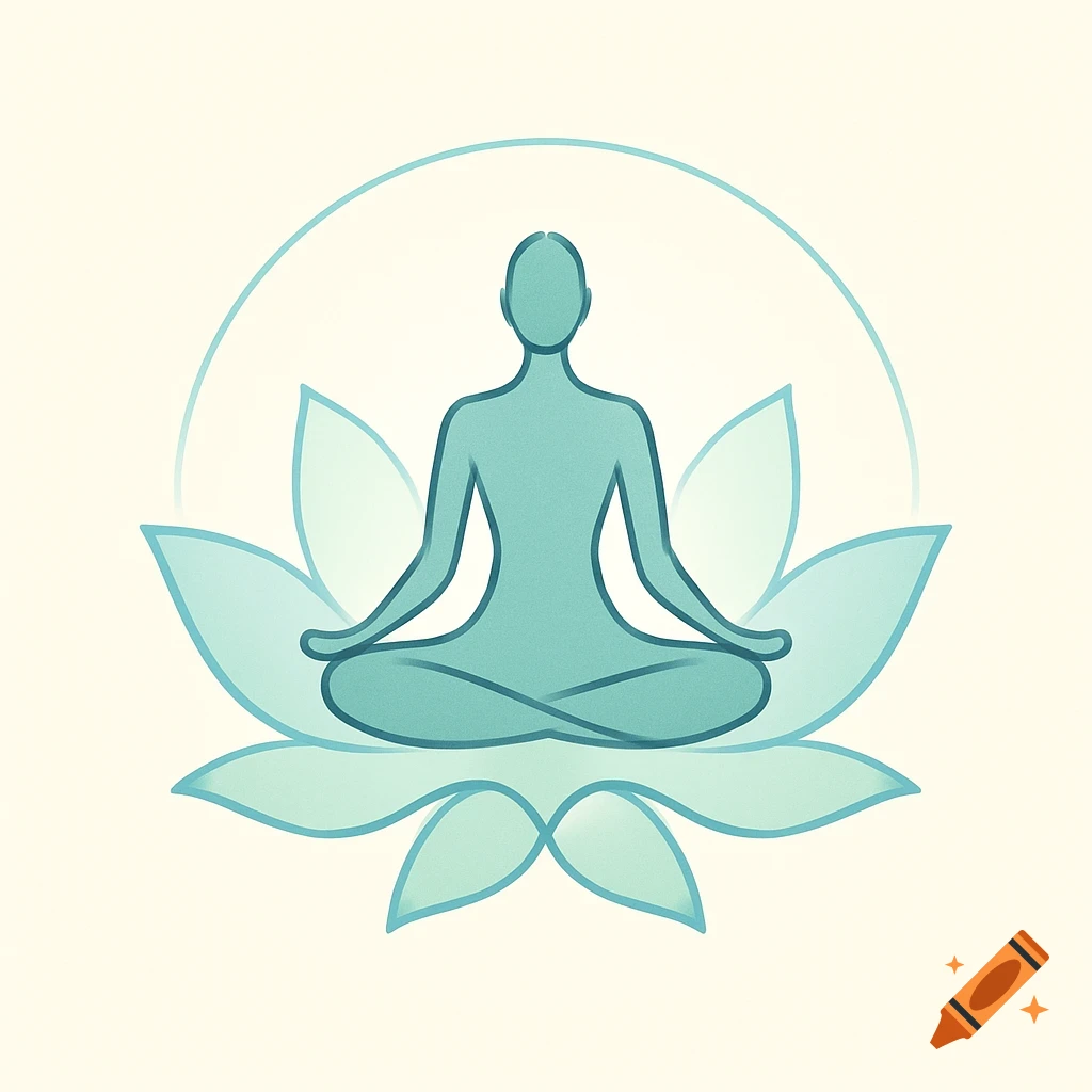 Minimalist teal silhouette of a person meditating in a lotus pose on a stylized blue lotus flower, framed by a semi-circle.