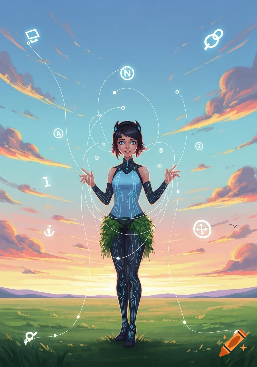 A stylized character with short dark hair, blue eyes, and circuit-patterned clothing with a leaf skirt, stands against a sunset sky and green field, surrounded by glowing data lines and symbols.