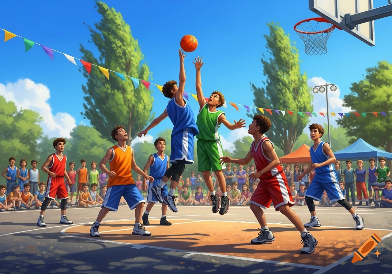 Illustrated scene of boys playing basketball on an outdoor court, with two players jumping for the ball and spectators.