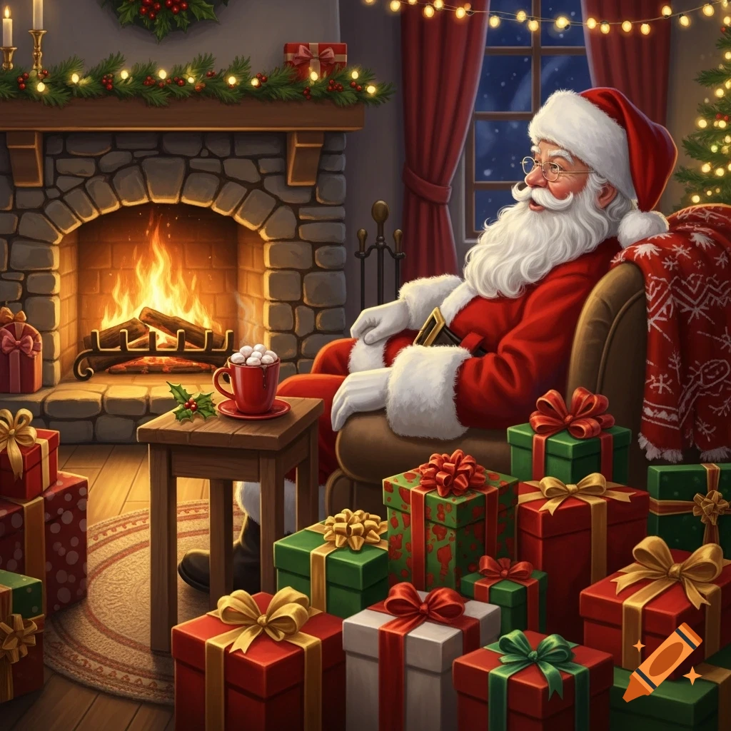 Santa Claus relaxes in an armchair by a warm fireplace, surrounded by many wrapped Christmas presents and a mug of hot cocoa.