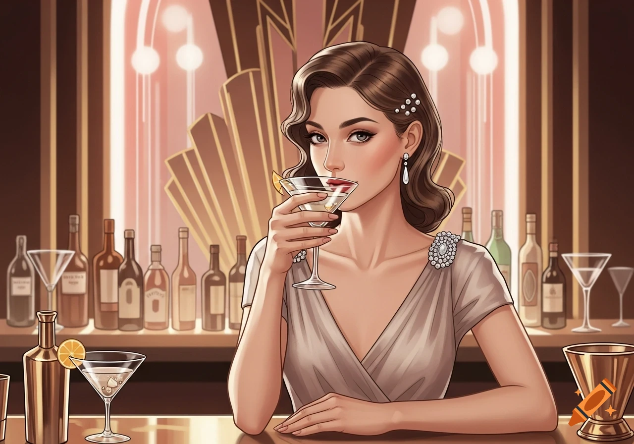 An illustration of a beautiful woman with wavy brown hair, wearing a beige dress, confidently sipping a martini at an Art Deco bar.